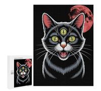 Three-Eyed Cat with Red Moon, 500 PCS Decorative Wooden Puzzle, New Year Party Activity, for Relaxing Solo Or Group Play