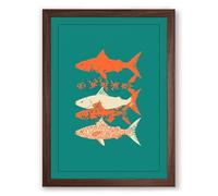 Three Fish in Teal Modern Framed Wall Art Print A1 (84.1×59.4cm) Walnut, Wall Decor for Living Room, Bedroom, Office & Home, Ready to Hang, Art Gift