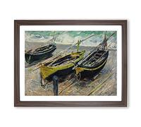 Three Fishing Boats By Claude Monet Classic Painting Framed Wall Art Print, Ready to Hang Picture for Living Room Bedroom Home Office Décor, Walnut A2 (64 x 46 cm)