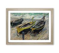 Three Fishing Boats By Claude Monet Classic Painting Framed Wall Art Print, Ready to Hang Picture for Living Room Bedroom Home Office Décor, Oak A4 (34 x 25 cm)