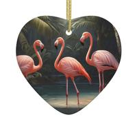 three Flamingo Printed Ceramic Christmas Ornament - 2.9-inch, perfect for windowsills, fireplaces, and living rooms. Holiday home decor.