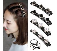 Three Flower Side Hair Clips, 4Pcs Double Braided Clip With 2 Hair Ties, Clover and Star Weaving Sectioning Clips for Women Girls