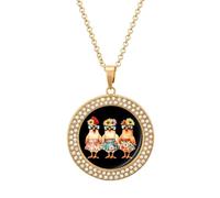 Three French Hens Pendant Necklace for Women Round Diamond Necklace Jewelry Charms Golden-style