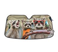 Three Funny Raccoon Front Windshield Sun Shade for SUV Trucks Car, Animals Trip Accordion Folding Auto Front Window Sunshade Visor Shield Cover Protector 55x27.6 Inch