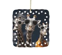 Three Giraffes Wearing Sunglasses Christmas Tree Ornaments Xmas Double Sided Porcelain Square Pendant with Gold String for Fireplace, Mantel, Wreath Holiday Party Decor (3 Inch)
