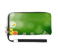 Three Green Frogs on the Log Yellow Flowers Green Background Long Clutch Wallet, Long Handbag with Removable Wristlet Strap, PU Leather Zip Purse, Credit Pass Case Card-Holder for Men Women