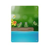 Three Green Frogs on The Log Yellow Flowers Green Background Wall Decor Metal Poster Art Crafts Wall Decoration Tin Signs for Bar Office Home Living Room Bedroom Classroom 15.7 x 11.8 inch
