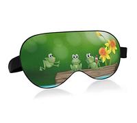 Three Green Frogs on The Log Yellow Flowers Green Eye Masks Cover Blocks Light Sleep Mask Shade Cover Blindfold Relaxing Eyeshade Cover with Adjustable Head Strap for Men Women Kids
