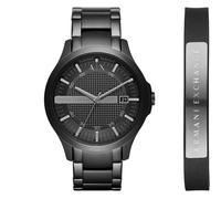 Three-Hand Date Black Stainless Steel Watch and Bracelet Gift Set