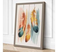 Three Hanging Feathers Boho Canvas Wall Art Print 18x12 Inch