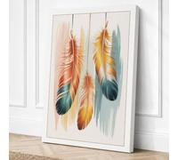 Three Hanging Feathers Boho Canvas Wall Art Print 18x12 Inch