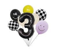 Three Happy Dude 3rd Birthday Balloons - 40" Black Number 3 Foil Balloon, Checkerboard & Smiley Face Bouquet for Boys Third Bday Party, Young Wild Three Decor