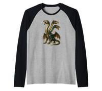 Three Headed Hydra Dragon Fierce Long Necks Mythical Art Raglan Baseball Tee