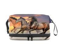 Three Horse Gallop in Desert Dust Double Layer Cosmetic Bag for Women and Girls, Travel Toiletry Bag Makeup Handy Pouch Organiser Bag with Brush Compartment
