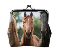 Three Horses Black, PU Leather Coin Purse, Small Wallets, Change Pouch with Kiss Lock Clasp Buckle, Change Purse