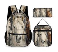 Three Horses Snowflakes Printed Dayback Set with Lunch Bag And Pencil Case Lightweight Classic Backpack Set 3pcs