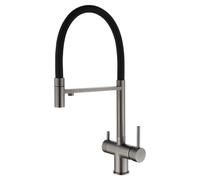 Three-in-One Gray Kitchen Faucet with Hot/Cold Drinking Water Purifier & Vegetable Basin Flexible Black Silicone Pipe Modern Pull-Out Design for Easy Use