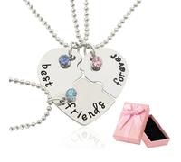 Three Interlocking Heart-Shaped Friendship Necklaces Set with Blue Pink Green Crystals - Engraved Best Friends Puzzle Pendants on Silver Ball Chains for Women Girls Birthday Gift in Ribbon Box