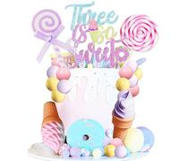 Three Is So Cute Cake Topper Donut 3rd Birthday Party Decorations Donut Ice Cream Party Cake Decor for Sweet Dessert Theme Birthday Party Supplies
