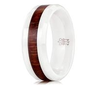 THREE KEYS JEWELRY 6,8mm Black/White Ceramic Wedding Ring with Real Koa Wood Inlay Flat Top Wedding Band Engagement Ring Comfort Fit Size 4-16, 11.5, Wood Inlay, No Gemstone