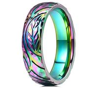 THREE KEYS JEWELRY 6mm Rainbow Color Plated Titanium Ring Leaf Texture Pattern Engraved Hammered Design Wedding Band Engagement Ring for Men Women Comfort Fit 7-14, 14, Hammered Design, No Gemstone