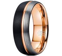 Three Keys Jewelry 8mm Black and Silver Tungsten Wedding Ring Thin Side 18K Rose Gold Grooved Brushed Dome Wedding Band Engagement Ring Size 14