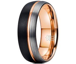 Three Keys Jewelry 8mm Black and Silver Tungsten Wedding Ring Thin Side 18K Rose Gold Grooved Brushed Dome Wedding Band Engagement Ring Size V