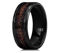 THREE KEYS JEWELRY 8mm Black High Polished Tungsten Carbide Wedding Band Engagement Ring for Women Comfort Fit Hammered Design Edges Inlay Black Sand with Opal Stone, 9 UK, Metal, No Gemstone