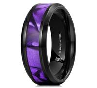 THREE KEYS JEWELRY 8mm Black Stainless Steel Rings, Men's Wedding Rings Green Shell Opal Inlay Beveled Edge Ring for Men Women, Comfort Fit, Durable, 6 UK, Metal, No Gemstone
