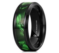THREE KEYS JEWELRY 8mm Black Stainless Steel Rings, Men's Wedding Rings Green Shell Opal Inlay Beveled Edge Ring for Men Women, Comfort Fit, Durable, 7 UK, Metal, No Gemstone