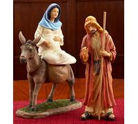 Three Kings Gifts Holy Family Traveling to Bethlehem, Joseph, Mary, Donkey, Flat Base for Stability, Home Decorating Christmas Nativity Scene Sets & Figures, 3-Pieces, for 10 inch Scale Collection