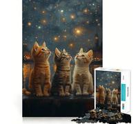 Three Kittens Gazing at Stars Jigsaw Puzzles 1000 Pieces for Adults Memory Boost Warm Time Image Assembly Fine Art Piece (38x52cm)
