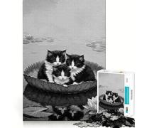 Three Kittens in A Lily Pad Jigsaw Puzzle 1000 Piece for Adults Strong Logic Toy Anxiety Relief Clear Edge Festival Gift (38x26cm)