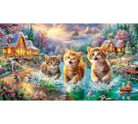 Three-kittens-splashing-in-a-magical-village Jigsaw Puzzles for Adults: 1000-Piece Recycled Cardboard Decoration 38x52cm/1000pcs