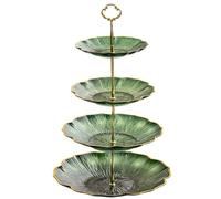 Three-layer Ceramic Fruit Bowl, Durable Metal Stand Structure, Multifunctional Kitchen Countertop Storage, Dishwasher And Microwave Safe, Stylish Table Centerpiece (Clear Green 4-storey)