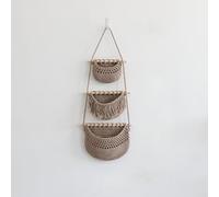 Three layer cotton rope wall mounted storage basket, hand woven door hanging storage rack, multi-layer wall mounted storage hanging bag，milky coffee