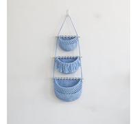 Three layer cotton rope wall mounted storage basket, hand woven door hanging storage rack, multi-layer wall mounted storage hanging bag，blue