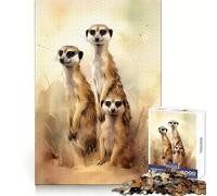 Three Meerkat Watercolor Jigsaw Puzzle 1000 Piece for Adults Strong Logic Toy Anxiety Relief Clear Edge Festival Gift (50x75cm)