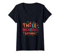 Three-mendous Birthday Boy 3 Celebration V-Neck T-Shirt, Women, Black, XXL