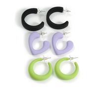 Three Pairs of Matte Acrylic Hoop Earrings - Black, Lavender & Lime Green - Stylish Colour Mix