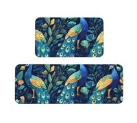 Three Peacocks On A Green Background Rug Cushioned Kitchen Rugs Sets Of 2 Comfort Standing Mat For Home Decor Sink,Kitchen Mats For Floor Non Slip Washable ，Laundr 17"X47"+17"X30"