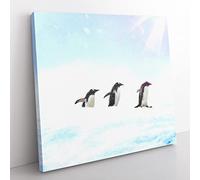 Three Penguins in the Antarctica Modern Canvas Wall Art Print Ready to Hang, Framed Picture for Living Room Bedroom Home Office Décor, 35x35 cm (14x14 Inch)