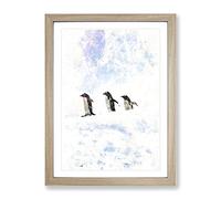Three Penguins In The Antarctica Watercolour Modern Framed Wall Art Print, Ready to Hang Picture for Living Room Bedroom Home Office Décor, Oak A3 (34 x 46 cm)