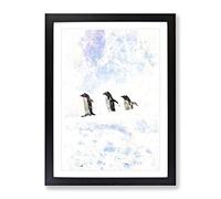 Three Penguins In The Antarctica Watercolour Modern Framed Wall Art Print, Ready to Hang Picture for Living Room Bedroom Home Office Décor, Black A4 (34 x 25 cm)
