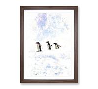 Three Penguins In The Antarctica Watercolour Modern Framed Wall Art Print, Ready to Hang Picture for Living Room Bedroom Home Office Décor, Walnut A2 (64 x 46 cm)