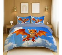 Three piece bedding set Breathable Cartoon Cute Dragon Includes 2 pillowcases 50 x 75 cm and 1 Quilt cover 200 x 200 cm, Blue