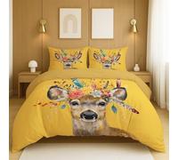 Three piece bedding set Breathable Cute Animal Deer Includes 2 pillowcases 50 x 75 cm and 1 Quilt cover 260 x 220 cm, Yellow