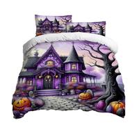 Three-piece Bedding Set Halloween Soft Match Purple Strange Castle Comforter Cover 2 Pillowcases for Bedroom（Purple-1,Large）