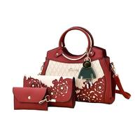 Three Piece Handbags and Purse New Large Capacity Fashion One Shoulder Design Pattern Solid Color Stylish Bag, Wine Red, One Size