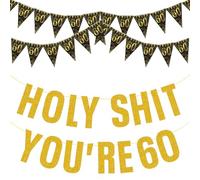 Three-Piece Set Happy 60th Birthday Banner, 60th Birthday Decorations Banner for Women Men Gold Glitter Banners Holy Shit You're 60 Party Decor Sign Funny Party Supplies